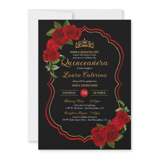 Red Roses Black and Gold Elegant Quinceanera