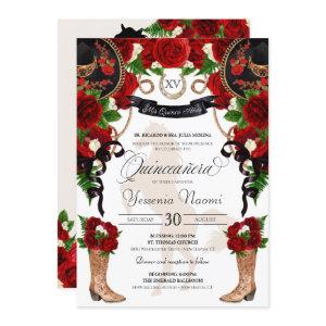 Red Roses Black Charro Western Elegant Quinceanera