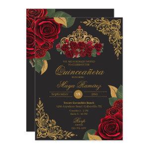 Red Roses Black Gold Glitter Tiara Quinceañera