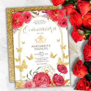 Red Roses & Butterflies Gold Glitter Quinceañera