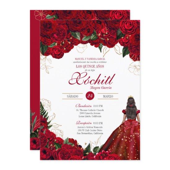 Red Roses Elegant Floral Beautiful Quinceanera