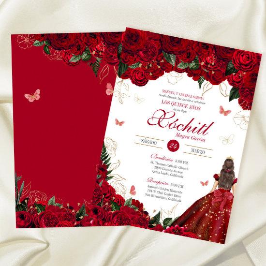 Red Roses Elegant Floral & Butterfly Quinceanera