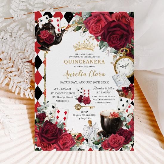 Red Roses Floral Alice in Wonderland Quinceañera