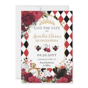 Red Roses Floral Alice in Wonderland Quinceañera Save The Date