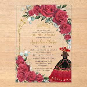 Red Roses Floral Black Charro Dress Quinceañera  Acrylic
