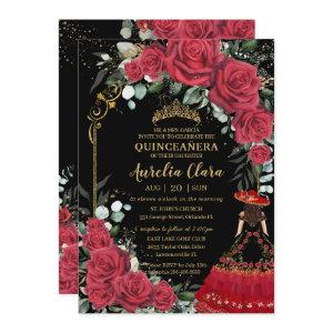 Red Roses Floral Black Charro Quinceañera
