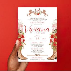 Red Roses Floral Boots Western Charra Quinceanera