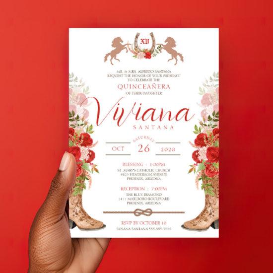 Red Roses Floral Boots Western Charra Quinceanera