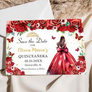 Red Roses Floral Butterflies Princess Quinceañera  Save The Date