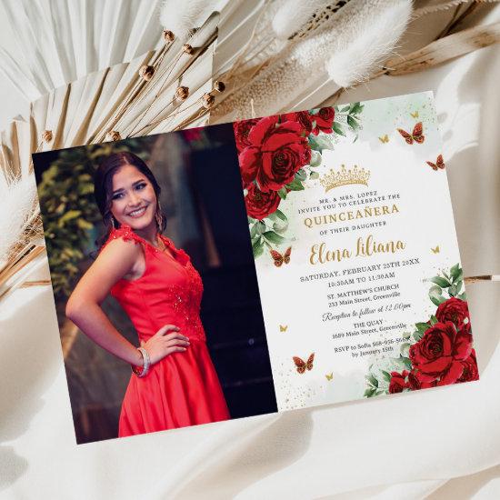 Red Roses Floral Butterflies Quinceañera Sweet 16