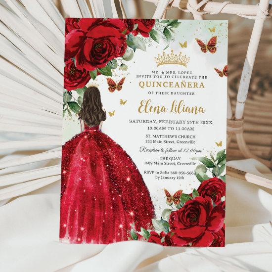 Red Roses Floral Butterflies Quinceañera Sweet 16