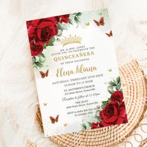 Red Roses Floral Butterflies Quinceañera Sweet 16