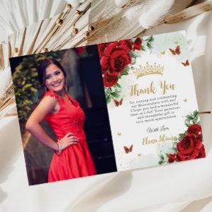 Red Roses Floral Butterflies Quinceañera Sweet 16  Thank You Card