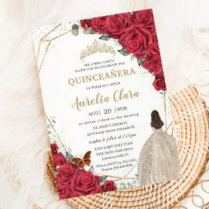 Red Roses Floral Champagne Dress Girl Quinceañera