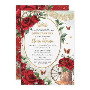 Red Roses Floral Charro Boots Quinceañera Sweet 16
