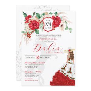 Red Roses Floral Crest Elegant Charra Quinceanera
