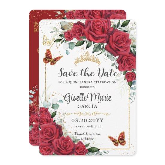 Red Roses Floral Gold Quinceañera Butterflies Arch Save The Date