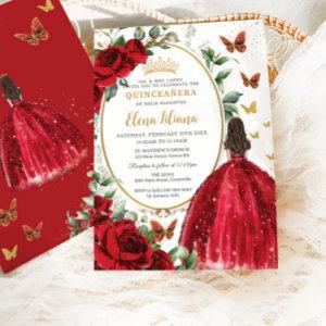 Red Roses Floral Princess Dress Gold Quinceañera
