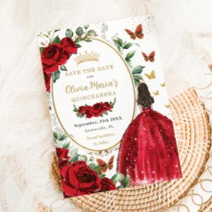 Red Roses Floral Princess Dress Gold Quinceañera Save The Date