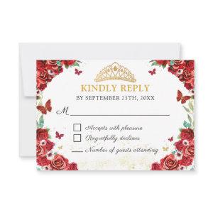 Red Roses Floral Quinceañera Butterflies RSVP Card