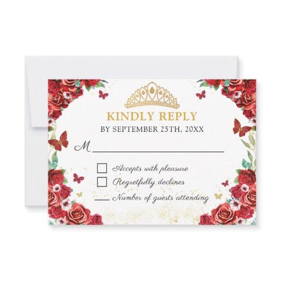 Red Roses Floral Quinceañera Butterflies RSVP Card