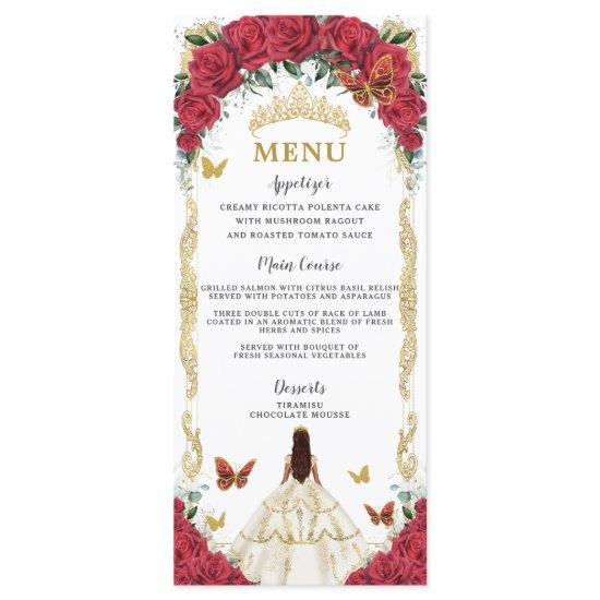 Red Roses Floral Quinceañera White Dress Menu