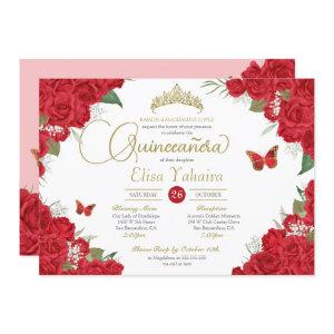Red Roses Floral Tiara Butterfly Quinceanera