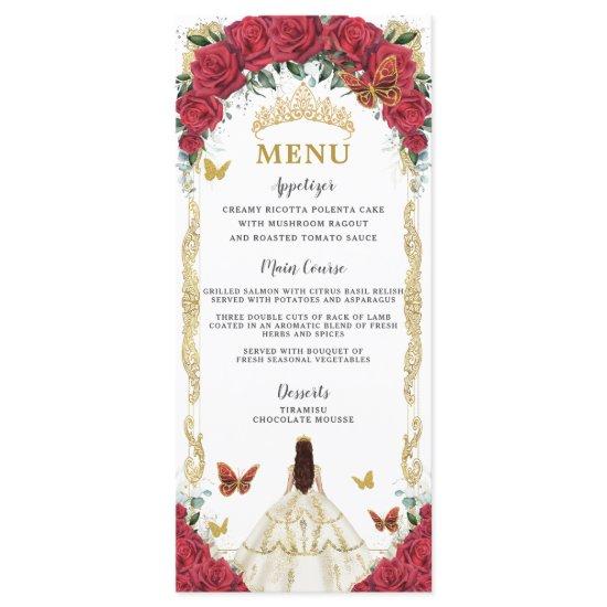 Red Roses Floral White Dress Quinceañera XV Menu