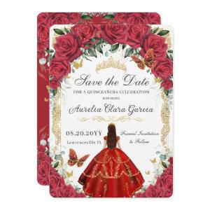 Red Roses Flowers Gown Gold Butterfly Quinceañera Save The Date