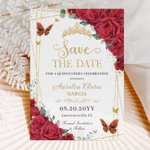 Red Roses Gold Butterflies Quinceanera Sweet 16  Save The Date
