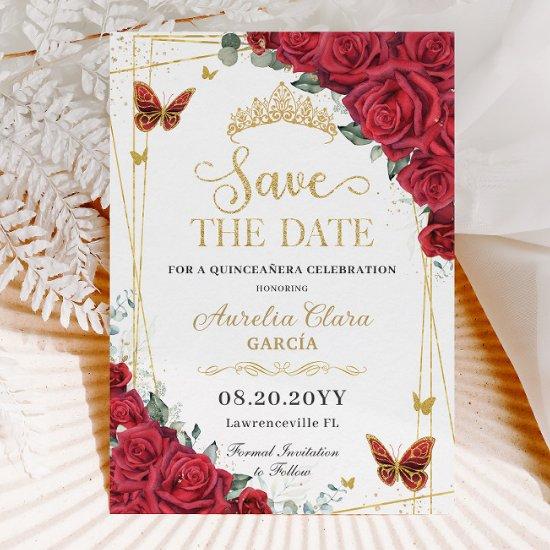 Red Roses Gold Butterflies Quinceanera Sweet 16  Save The Date