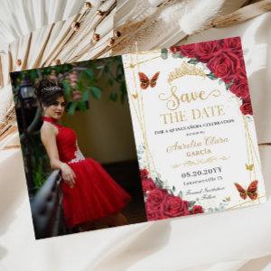 Red Roses Gold Butterflies Sweet Sixteen Photo Save The Date