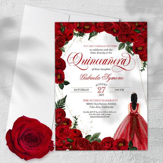 Red Roses & Gold Fancy Red Ball Gown Quinceañera