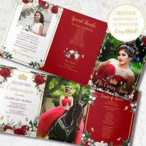 Red Roses Gold Foil Butterflies Quinceañera Tri-Fold