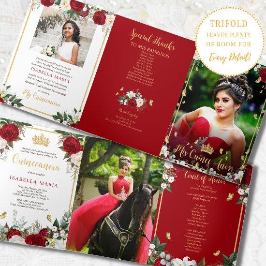 Red Roses Gold Foil Butterflies Quinceañera Tri-Fold