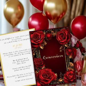 Red Roses Gold Frame Quinceañera  Foil