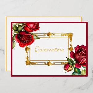 Red Roses Gold Frame Quinceañera  Foil