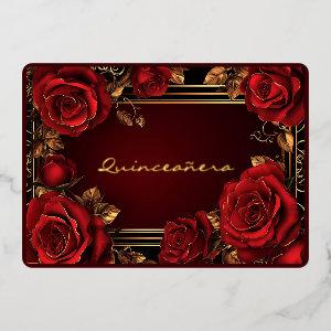 Red Roses Gold Frame Quinceañera  Foil