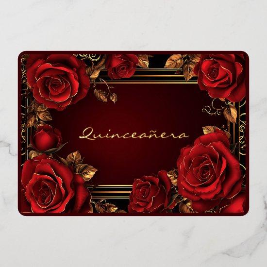 Red Roses Gold Frame Quinceañera  Foil