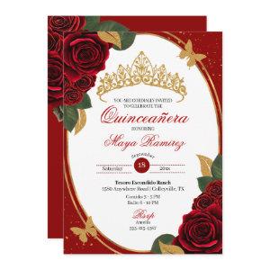 Red Roses Gold Glitter Butterfly Quinceañera