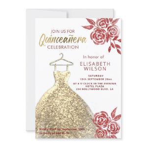Red roses gold sequins dress Quinceañera