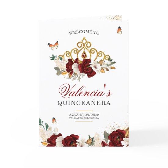 Red Roses Gold Tiara Butterfly Quinceanera Program
