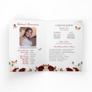 Red Roses Gold Tiara Butterfly Quinceanera Program
