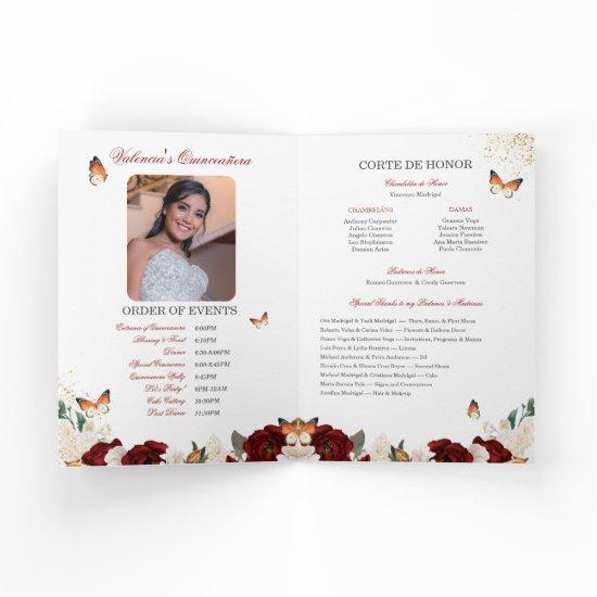 Red Roses Gold Tiara Butterfly Quinceanera Program