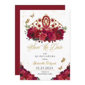 Red Roses & Gold Tiara Save The Date Quinceañera