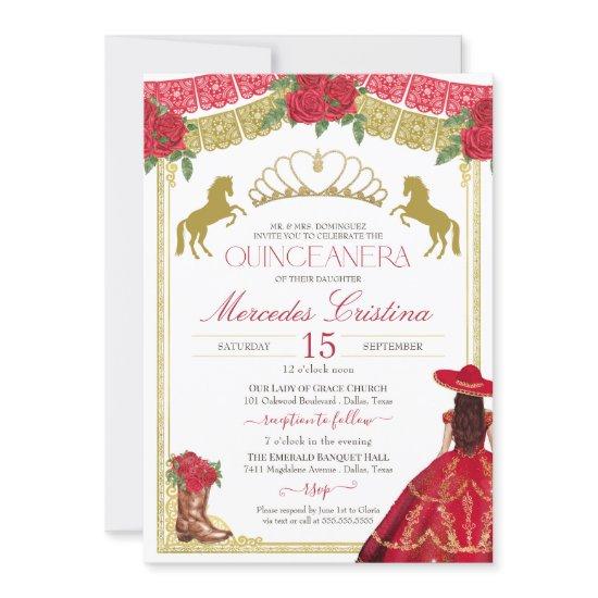 Red Roses & Gold Western Charro Dress Quinceañera