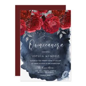 Red Roses Navy Watercolor Splash Quinceanera Party