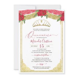 Red Roses & Ornamental Gold Elegant Quinceanera