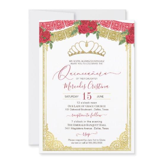 Red Roses & Ornamental Gold Elegant Quinceanera