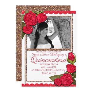 Red Roses Rose Gold Glitter Quinceañera Birthday